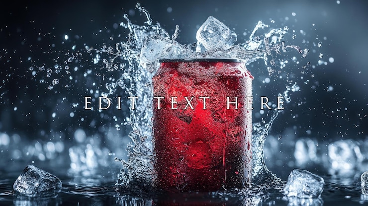 PSD refrescante lata de refresco roja con hielo y salpicaduras