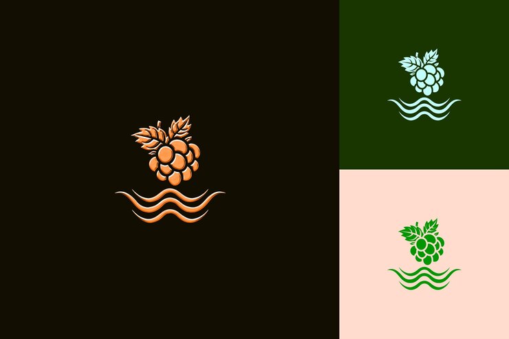 PSD refrescante logotipo de boysenberry con hojas decorativas y un diseño vectorial creativo y minimalista