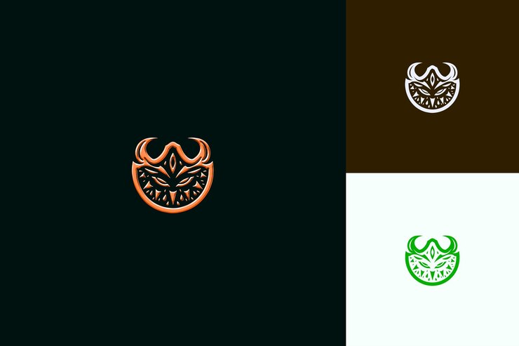 PSD refrescante logotipo de melón con cuernos con picos decorativos y un diseño vectorial co-creativo y minimalista