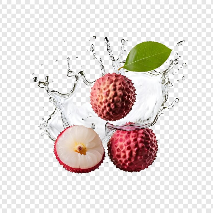 PSD refrescante lychee salpicaduras de agua hojas de frutas y verano
