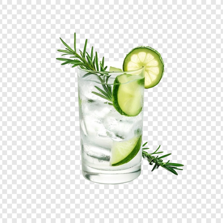 PSD refrescante pepino, alecrim, ginebra de limão, bebida com cubos de gelo.
