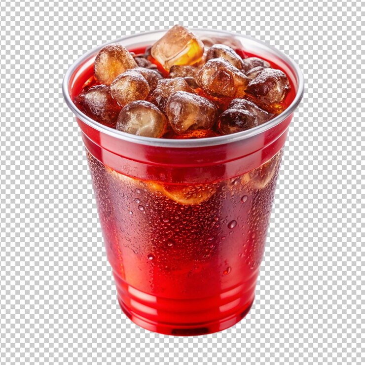 PSD refrescante refresco cola fría en taza de plástico roja sobre un fondo transparente