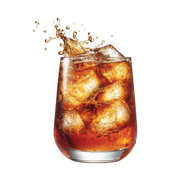 PSD un refrescante vaso de cola con cubitos de hielo y un chapoteo