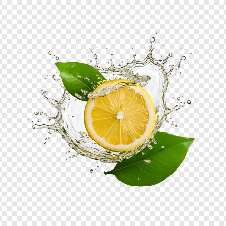 PSD refrescantes mitades de limón salpicadas en agua con hojas verdes
