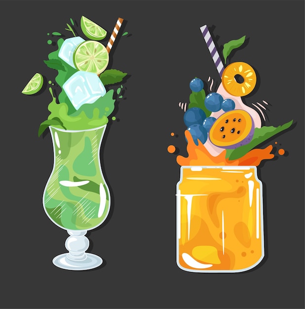 Refrescanti cocktail estivi di lime e menta con frutta tropicale