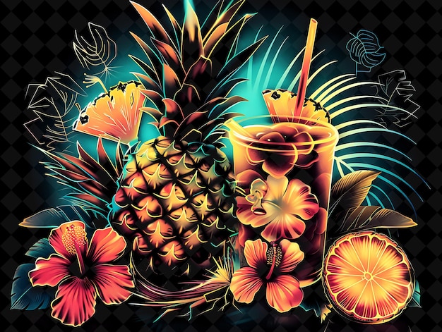 PSD refroidisseur de noix de coco à l'ananas jaune brillant avec des couches d'ananas couleur néon nourriture boisson collection y2k