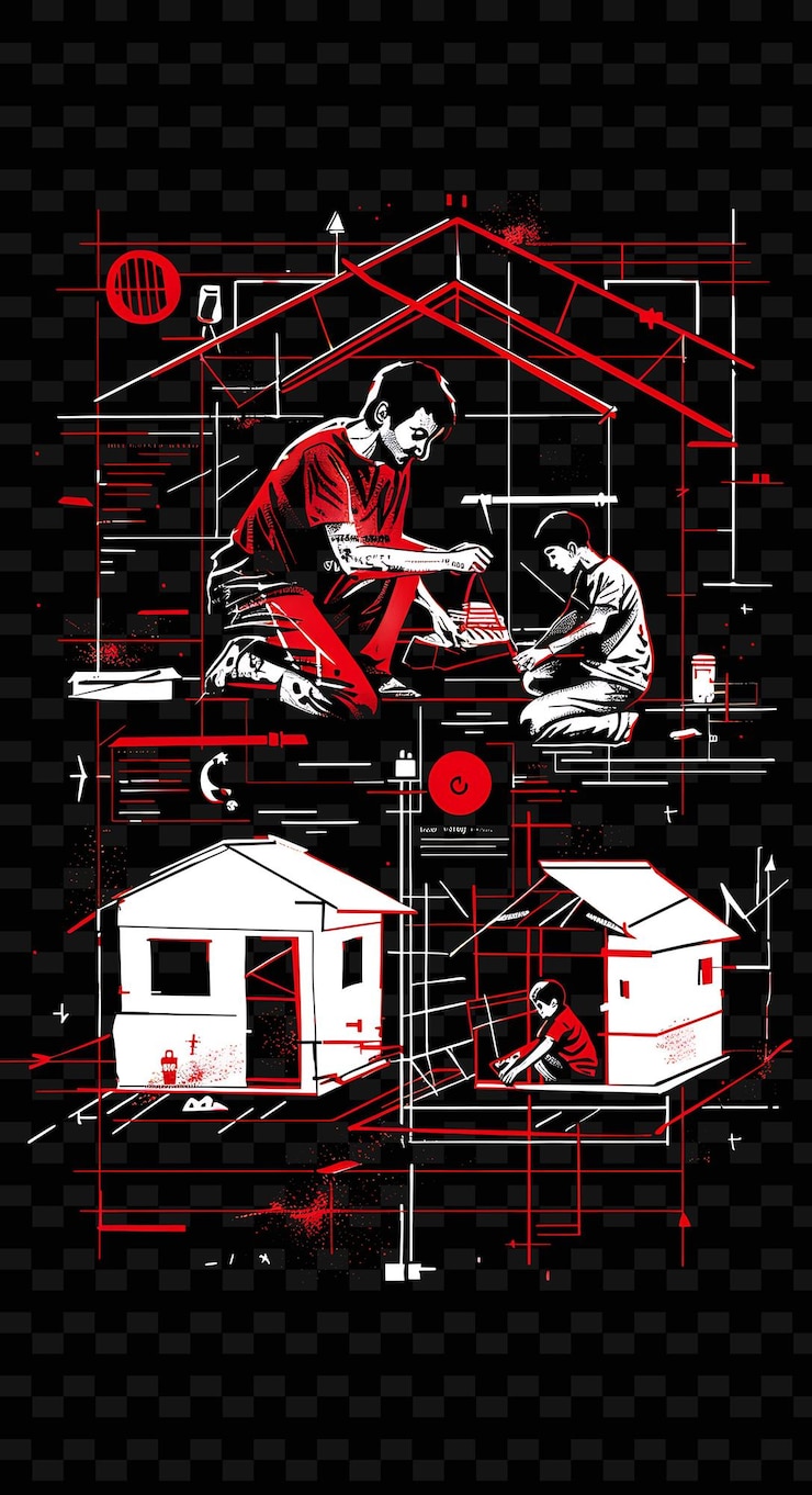 PSD los refugiados que construyen refugios se centran en su ingenio y el arte de la ilustración plana creativa de resi