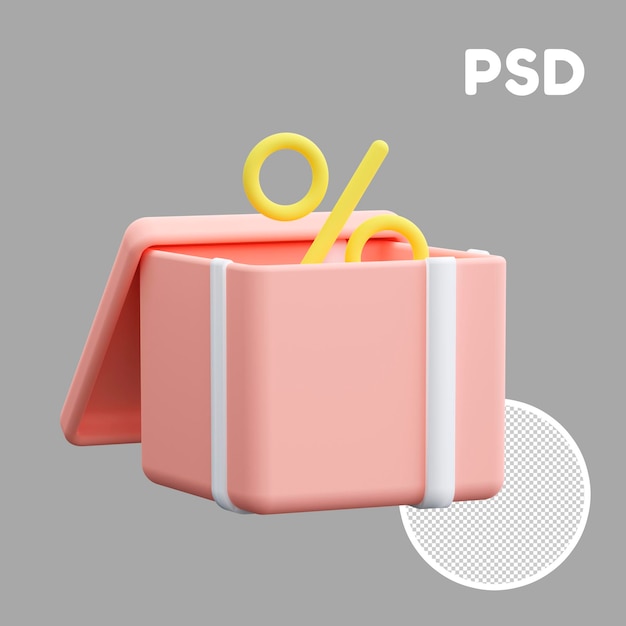 PSD regalo 3d abierto con un porcentaje dentro del icono para un descuento y un precio especial