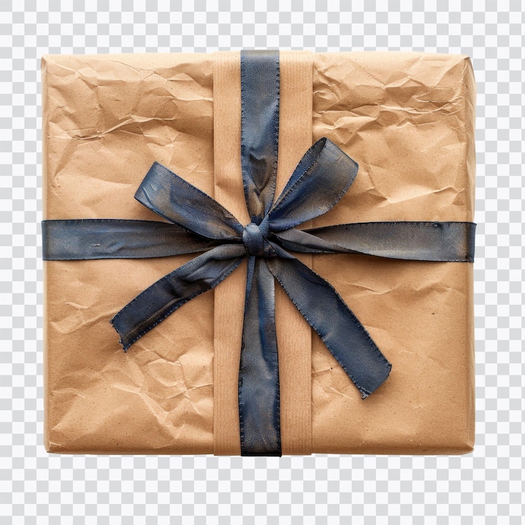 PSD un regalo bellamente envuelto en papel marrón con una cinta de satén azul oscuro perfecto para cualquier celebración u ocasión