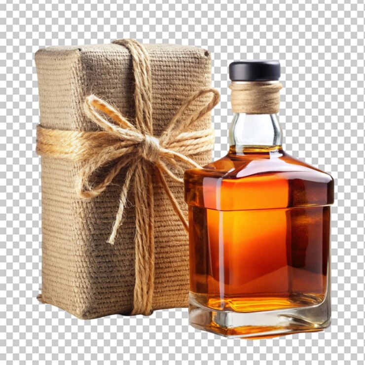 PSD regalo envuelto en una botella de whisky sobre un fondo transparente