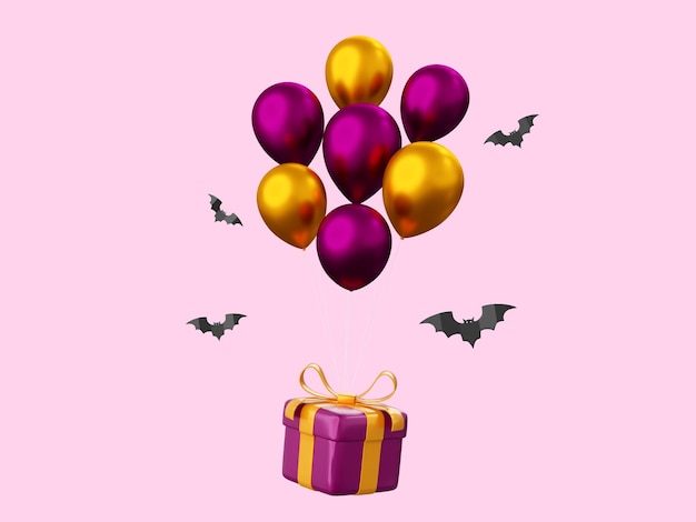 Regalo de halloween con globo elementos temáticos de halloween ilustración en 3d