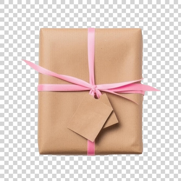 PSD un regalo marrón envuelto en papel marrón con una cinta rosa.