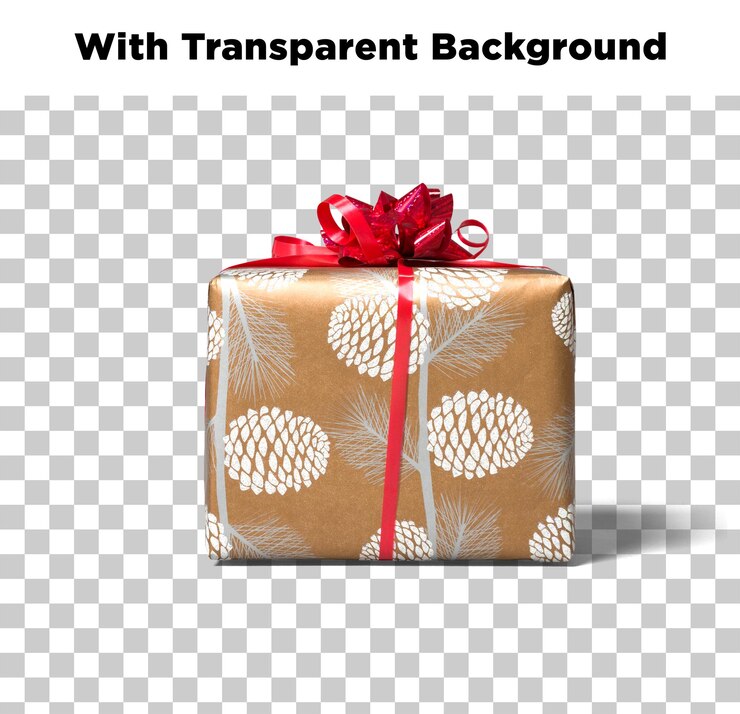 PSD regalo de navidad con envoltura de oro y arco rojo aislado sobre un fondo transparente