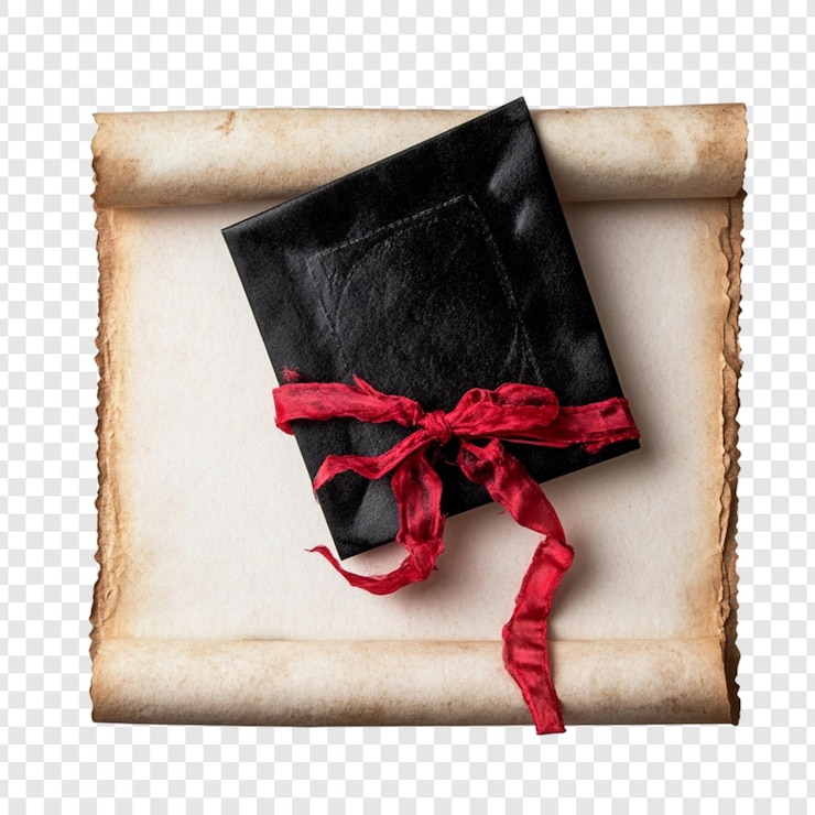 PSD regalo negro en un pergamino antiguo cinta roja papel pergamino mensaje antiguo nota secreta