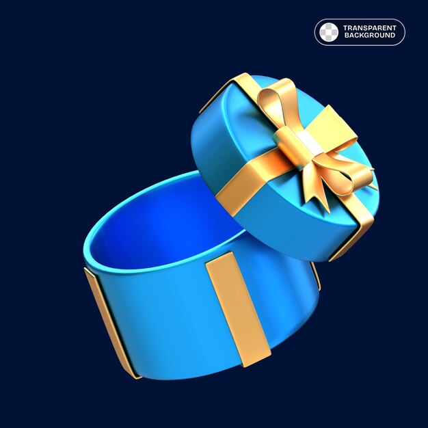 Regalo redondo azul abierto con cinta dorada mostrado en diseño 3D en fondo transparente en formato PNG