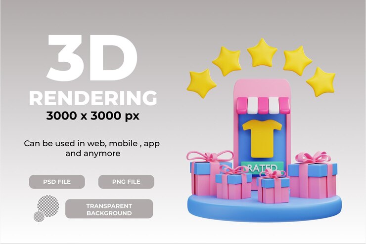 PSD regalo de representación 3d y objeto de ilustración de tienda móvil con fondo transparente