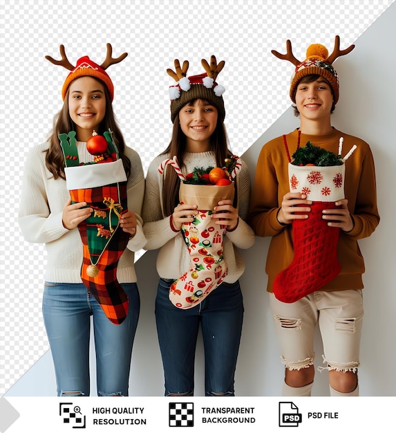 Regalos de navidad para las damas de la casa, incluyendo una bufanda roja y blanca, pantalones vaqueros azules y un suéter blanco exhibidos contra una pared blanca con una mano visible en el png.