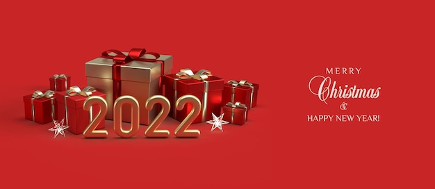 Regalos rojos y dorados sobre fondo rojo Feliz Navidad y feliz año nuevo 2022 Celebración