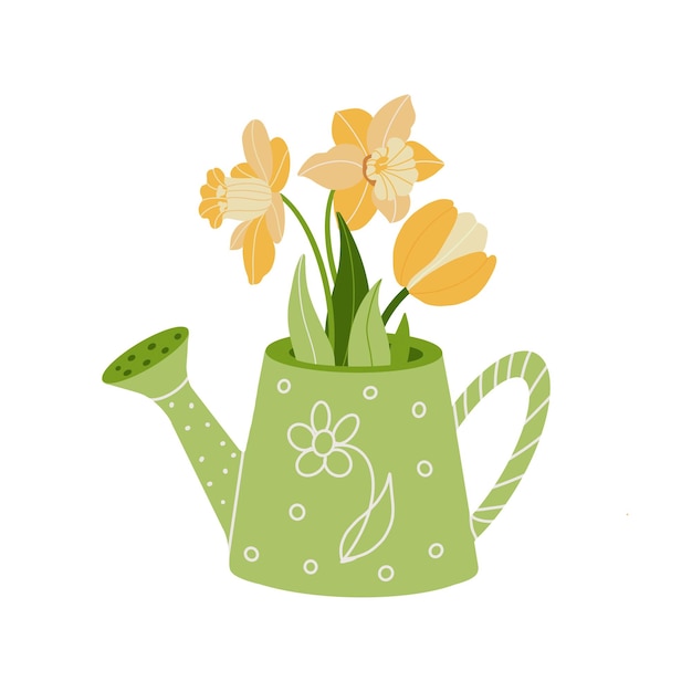 Regar a lata com flores amarelas e folhas verdes