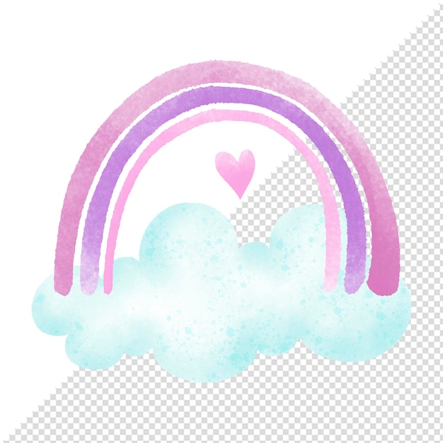 Regenbogen mit Wolke und Herz Aquarell-Illustration Handzeichnung