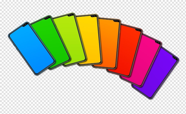 PSD regenbogenfarbenes smartphone-set-banner isoliert auf transparentem 3d-render