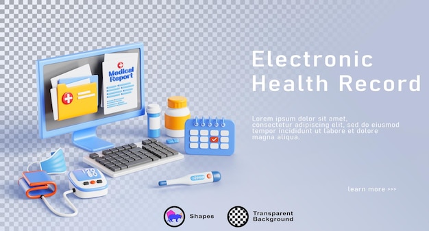 Registro de salud electrónico isométrico 3d render web banner tecnología EHR informe médico del paciente resultado de la prueba en la pantalla de la computadora con tonometro termómetro máscara pastillas en el escritorio del médico