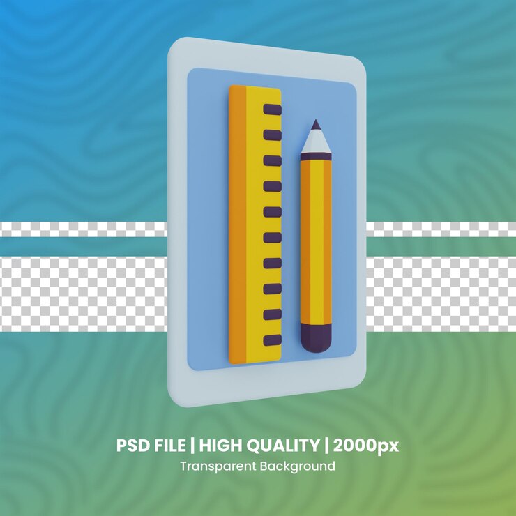 PSD regla y lápiz render 3d diseño gráfico conjunto de render 3d archivo psd fondo transparente