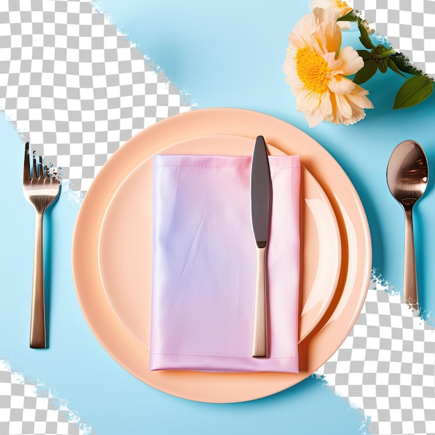 PSD réglage de table avec vaisselle en plastique et serviettes sur un fond transparent