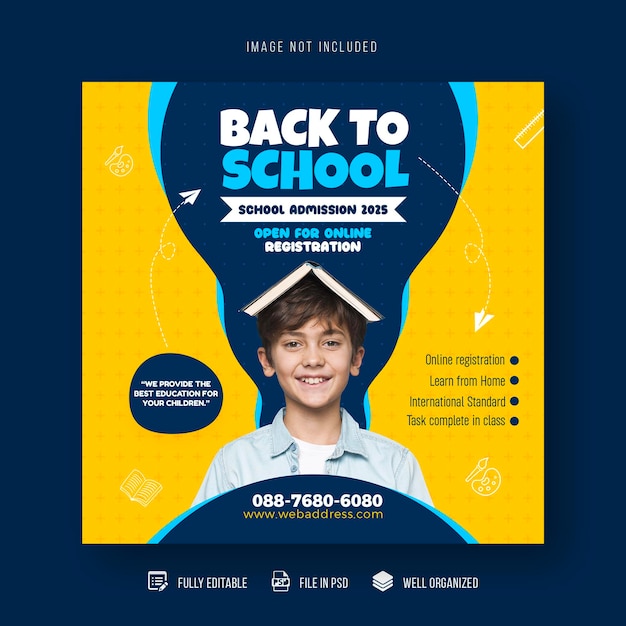 Regreso a la escuela, admisión a la educación, publicación en las redes sociales y banner web.