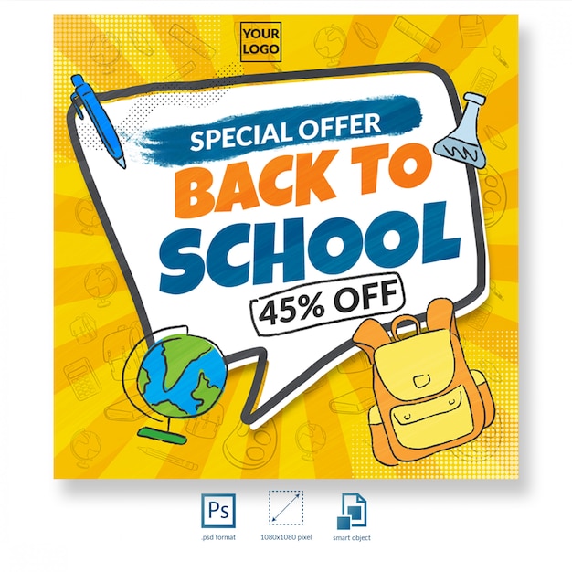 Regreso a la escuela, venta de descuento, red social, plantilla de banner.