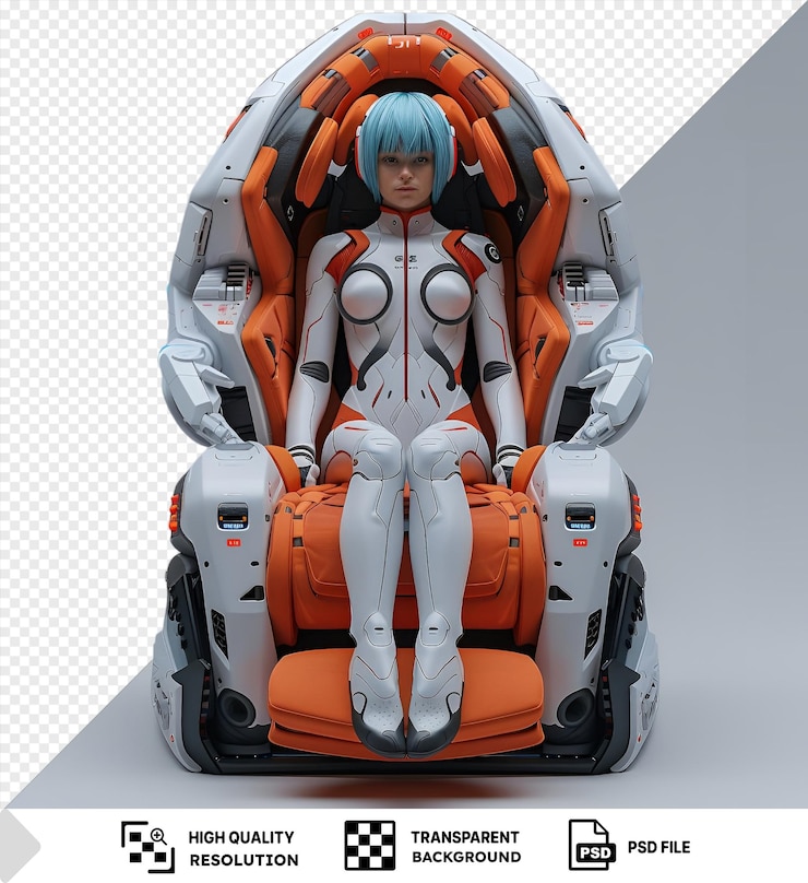PSD rei ayanami de neon genesis evangelion está sentada en su silla eva con una pierna blanca visible en primer plano y un asiento naranja en el fondo
