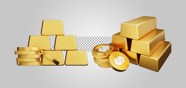 Reichtum schatz goldbarren mit goldmünze auf transparentem hintergrund 3d-render