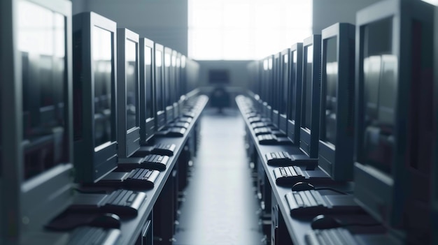 Reihen identischer Computer in einem hellen, leeren Computerlabor