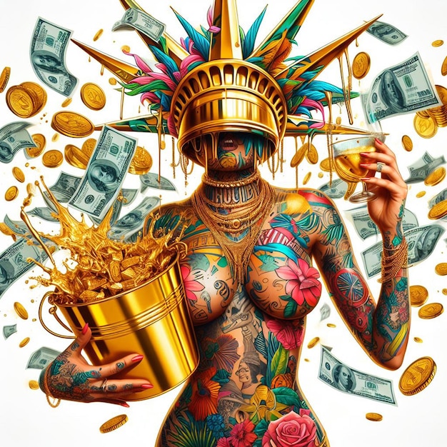 PSD la reina de la belleza tatuada de oro mujer desperdicia dinero tiran dólares amor buenas vibraciones arte vectorial