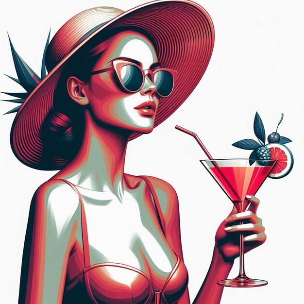 PSD reine de la beauté femme à la piscine avec un cocktail margarita relaxation vacances art vectoriel