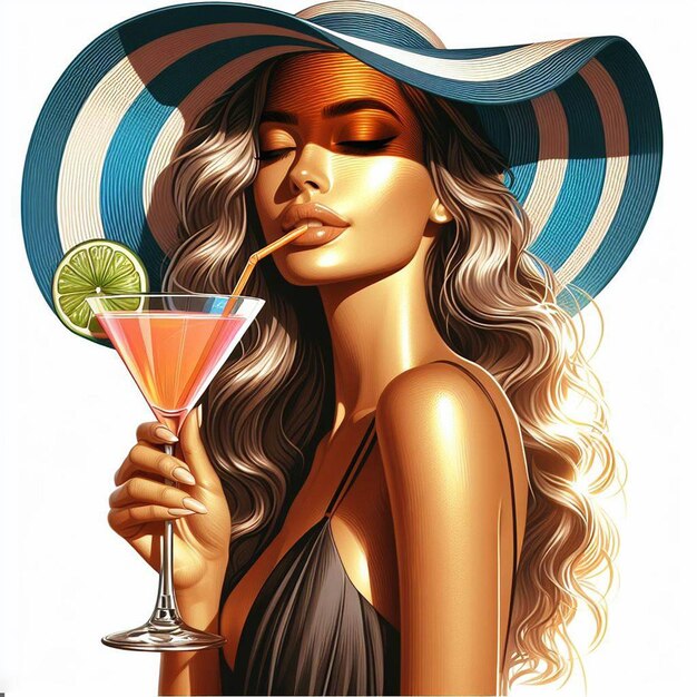 Reine De La Beauté Femme à La Piscine Avec Un Cocktail Margarita Relaxation Vacances Art Vectoriel