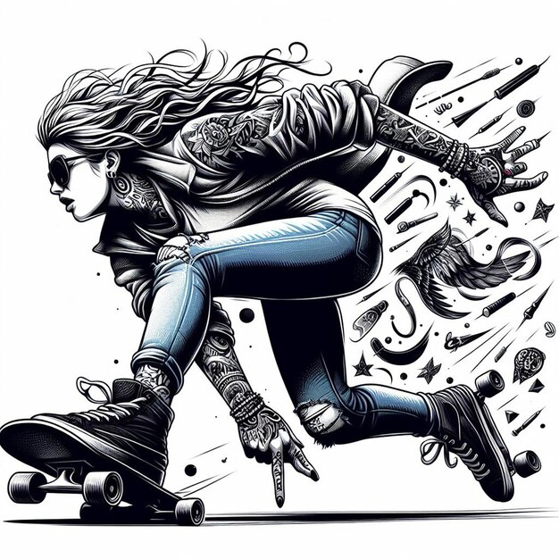 PSD reine de la beauté fille adolescente avec skateboard patinage effrayant sport art vectoriel