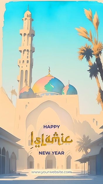 Reine und minimalistische aquarell-moschee-illustration für die islamische neujahrsfeier
