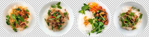 Reis vermicelli mit zitronengras schweinefleisch und frischen kräutern isoliert auf top view transparenter hintergrund