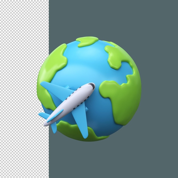Reisen mit dem Flugzeug um die Welt 3D-Symbol des Planeten Erde und Flugzeug