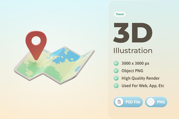 PSD reiseobjektkarte 3d-darstellung