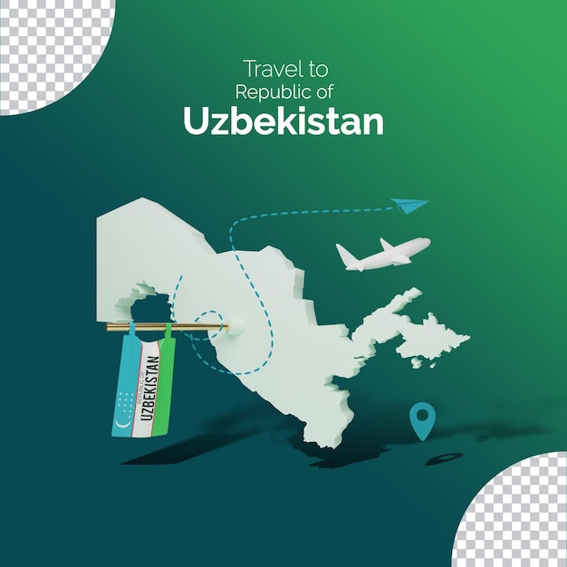 PSD reisepost mit 3d-modell der karte von usbekistan