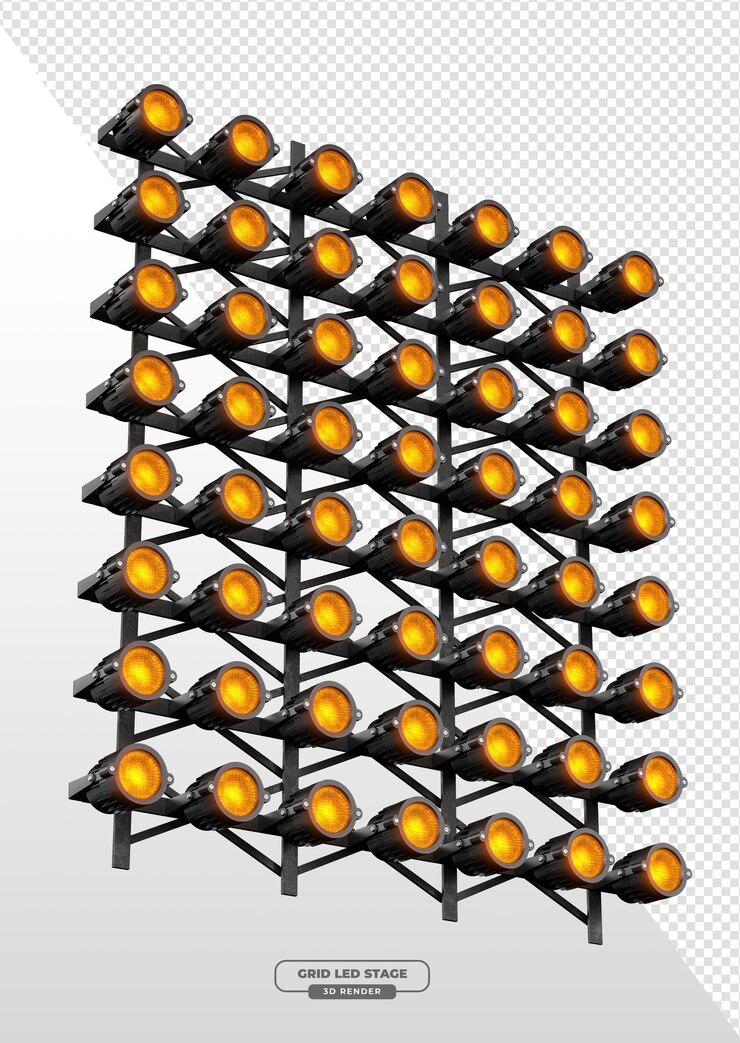 PSD rejilla diagonal de focos de escenario de ámbar en el renderizado 3d