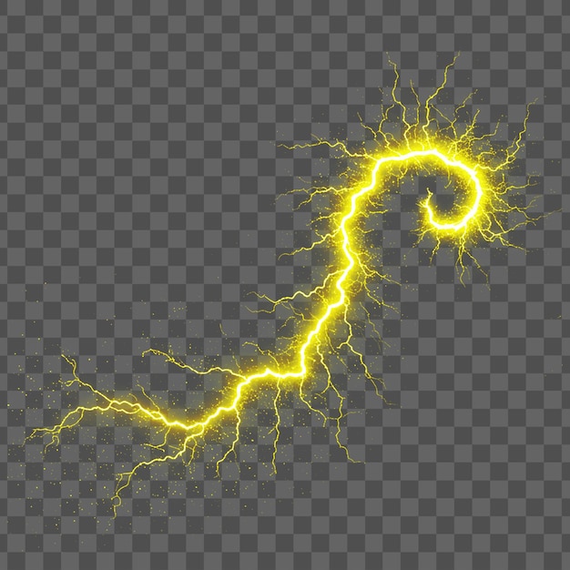 Relámpago en espiral eléctrico amarillo aislado sobre un fondo transparente