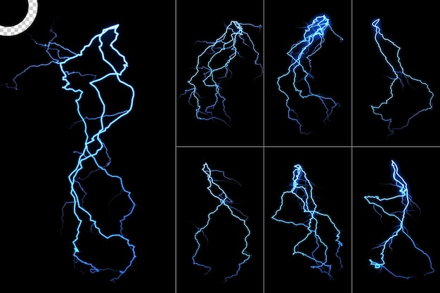 PSD relámpagos eléctricos y rayos golpean sobre fondo transparente