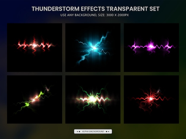 PSD relámpagos realistas y rayos de efectos de tormenta eléctrica