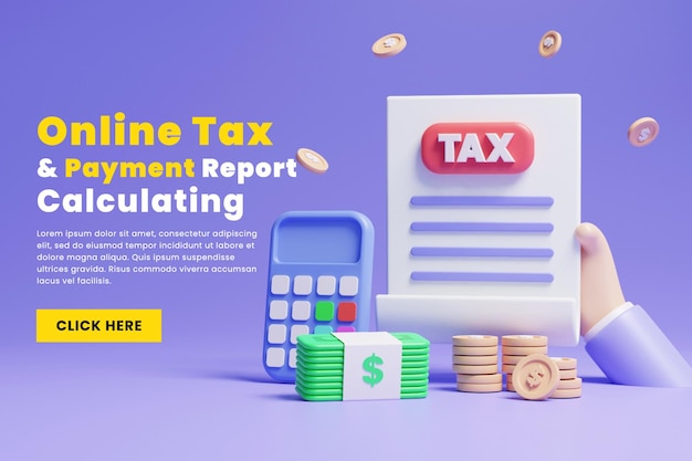 Relatório de pagamento de impostos on-line calculando a página de destino do site ou a página de destino do gerenciamento de impostos on-line 3d