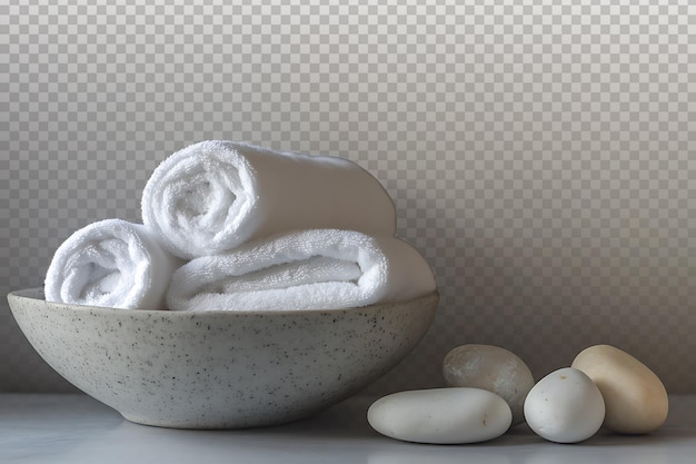 Relaxante ambiente de spa com toalhas macias e pedras lisas