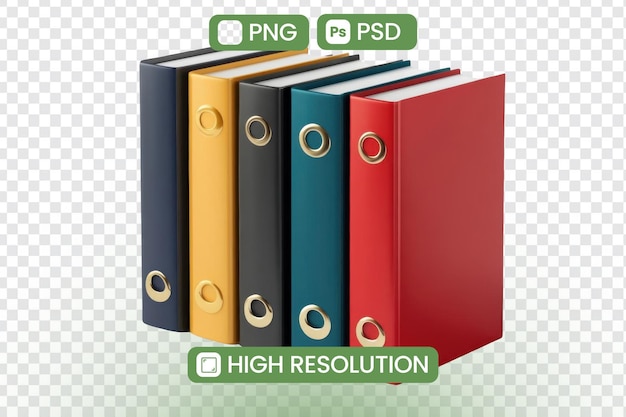 Des reliures colorées à haute résolution empilées soigneusement organisées et prêtes pour un travail efficace Renderage 3D Des fichiers PNG et PSD disponibles Un guide visuel pour l'organisation et la productivité du bureau