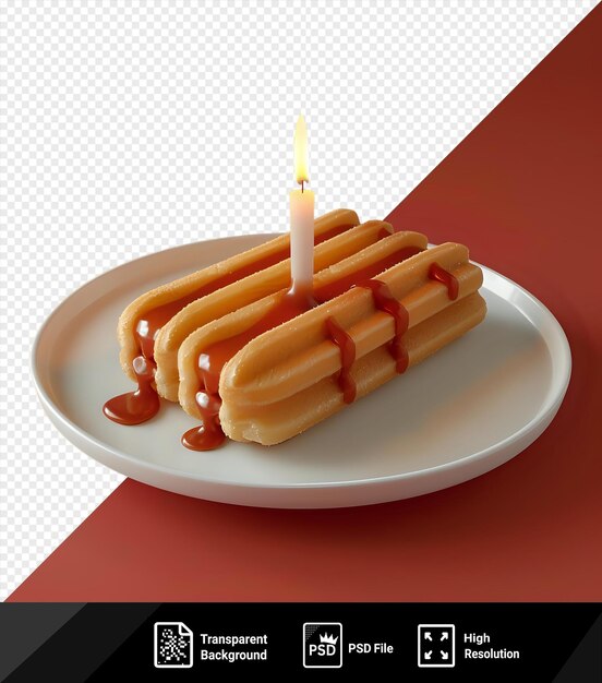 PSD relleno y decoración del pastel de churros con dulce de leche con una vela en un plato blanco vista delantera png